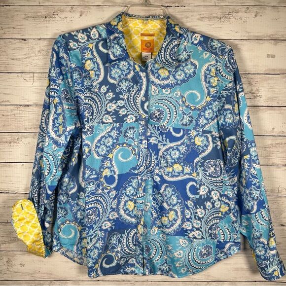 Ruby Rd. Wrinkle Resistant Turquoise Yellow Cotton Button Front Blouse 18 - Picture 1 of 7
